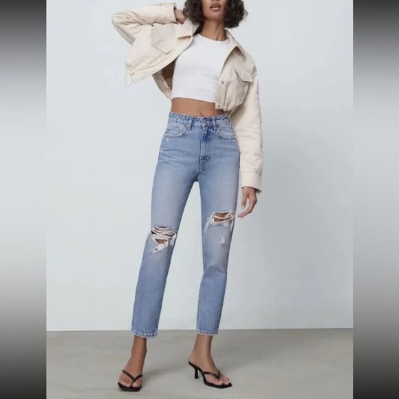 Zara High Rise Distressed Mom Jeans - Picture 1 of 14